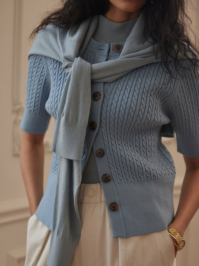 Stoney Blue|Rhys Short Sleeve Cardigan in Stoney Blue, front view displaying a lightweight knit.