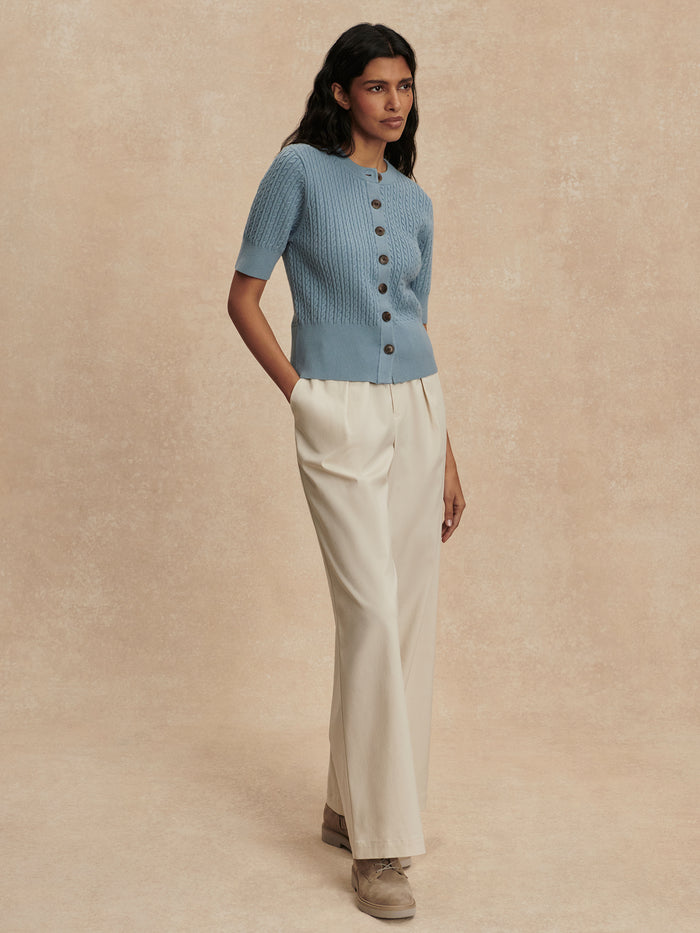 Stoney Blue|Front-view image of the Rhys Short Sleeve Cardigan in Stoney Blue, a lightweight short-sleeve cardigan.