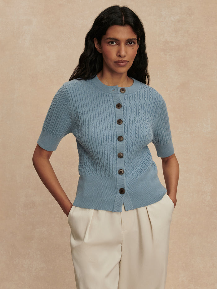 Stoney Blue|Rhys Short Sleeve Cardigan in Stoney Blue, front-facing product image.