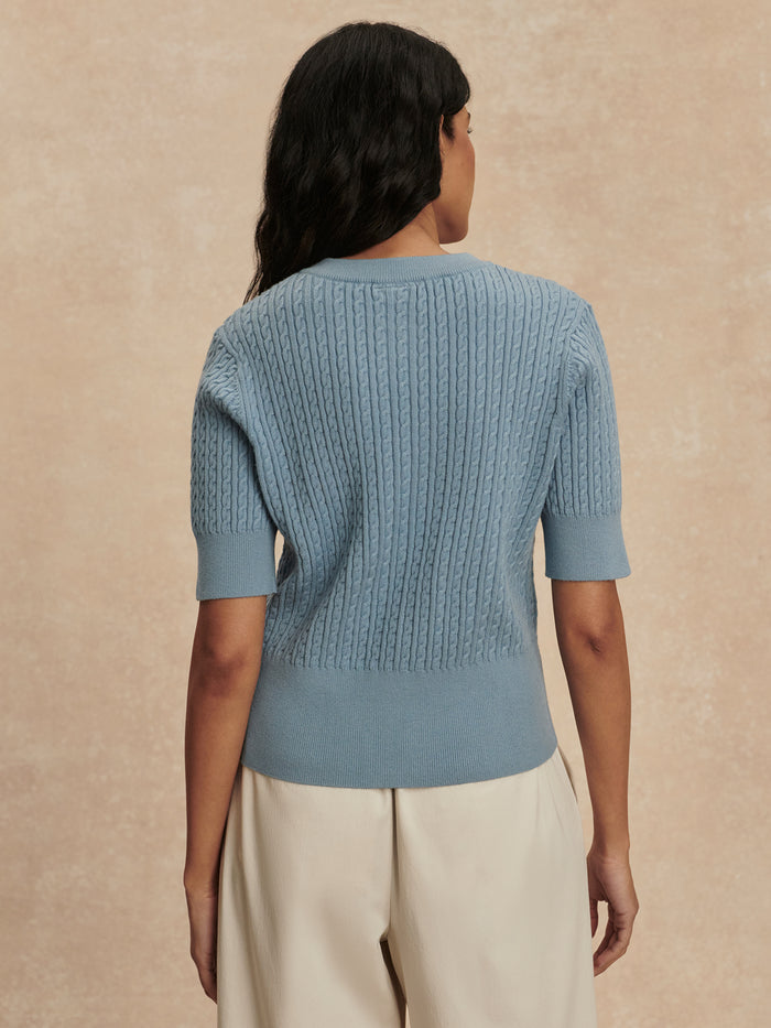 Stoney Blue|Rhys Short Sleeve Cardigan in Stoney Blue, front-facing product image.