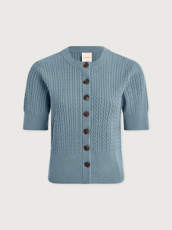 Stoney Blue|Rhys short sleeve cardigan in Stoney Blue, front view in a simple knit.
