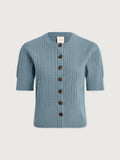 Stoney Blue|Rhys short sleeve cardigan in Stoney Blue, front view in a simple knit.