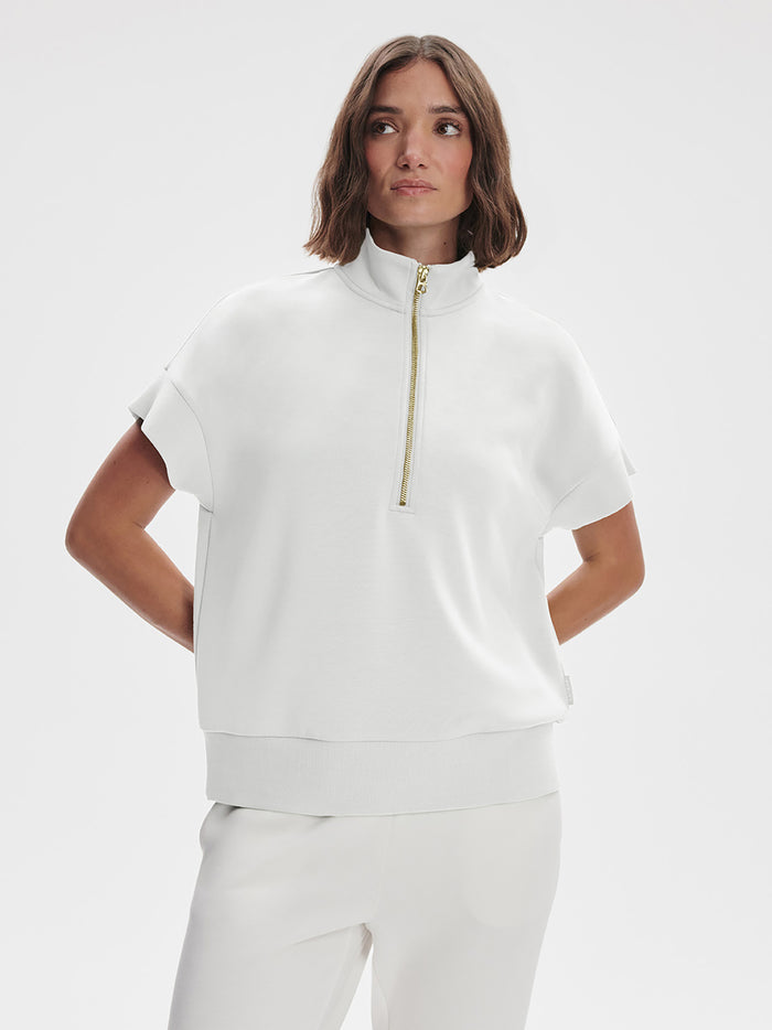 White|Ritchie Short Sleeve Sweat in White, relaxed-fit with mock neck and half-zip, front product shot.