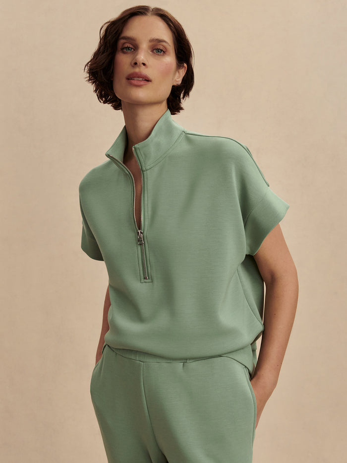Loden Frost|Front view of the Varley Ritchie short sleeve sweat in Loden Frost, a muted green-gray shade, with a relaxed fit.