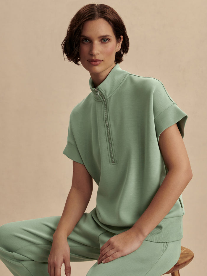 Loden Frost|Front-facing product image of the Varley Ritchie short sleeve sweat in Loden Frost, a muted green shade, with short sleeves and relaxed fit.