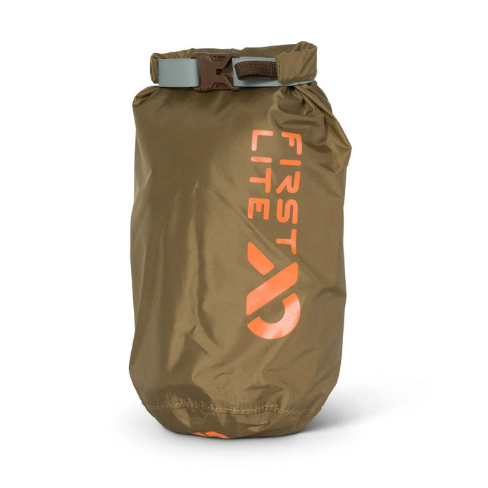 Coyote brown roll-top dry bag with a light gray buckle and orange FIRST LITE logo.