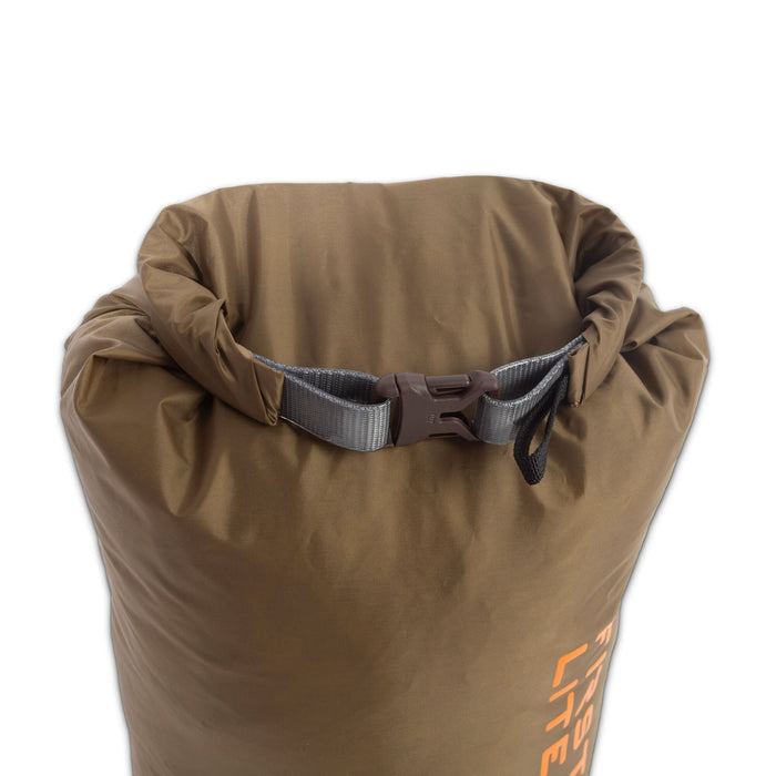 Khaki roll-top dry bag with a gray strap, brown buckle, and visible orange 'LITE' branding.