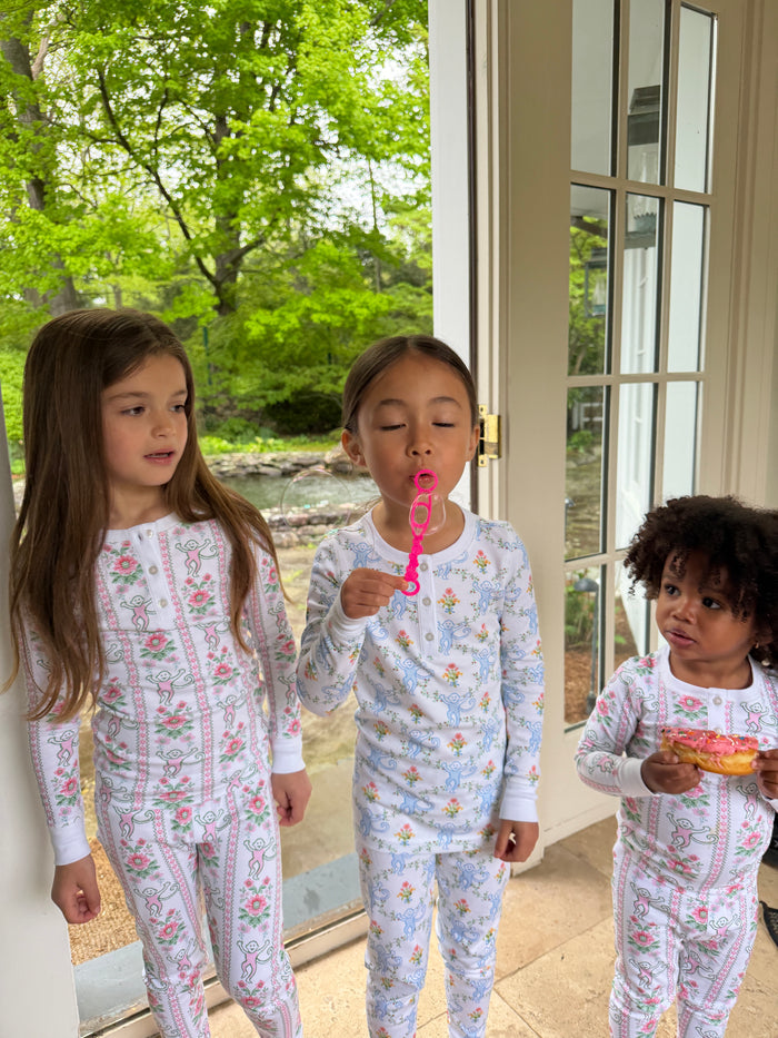 Roller Rabbit x Hill House Kids Pajamas - Blue Floral Monkey Trellis