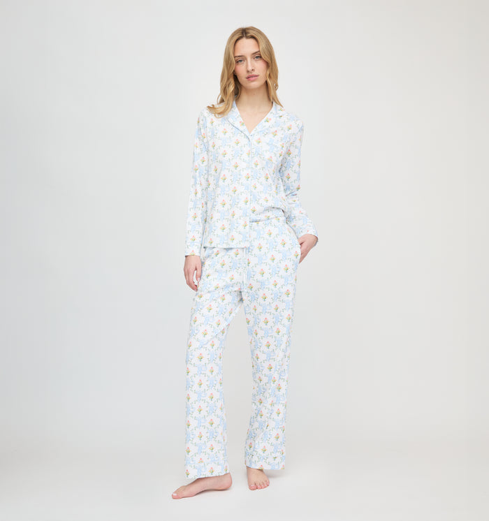 Roller Rabbit x Hill House Long Sleeve Polo Pajamas - Blue Floral Monkey Trellis