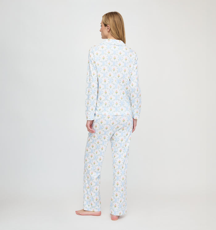 Roller Rabbit x Hill House Long Sleeve Polo Pajamas - Blue Floral Monkey Trellis