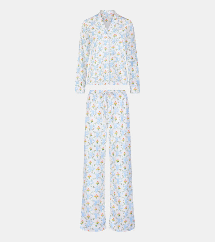 Roller Rabbit x Hill House Long Sleeve Polo Pajamas - Blue Floral Monkey Trellis