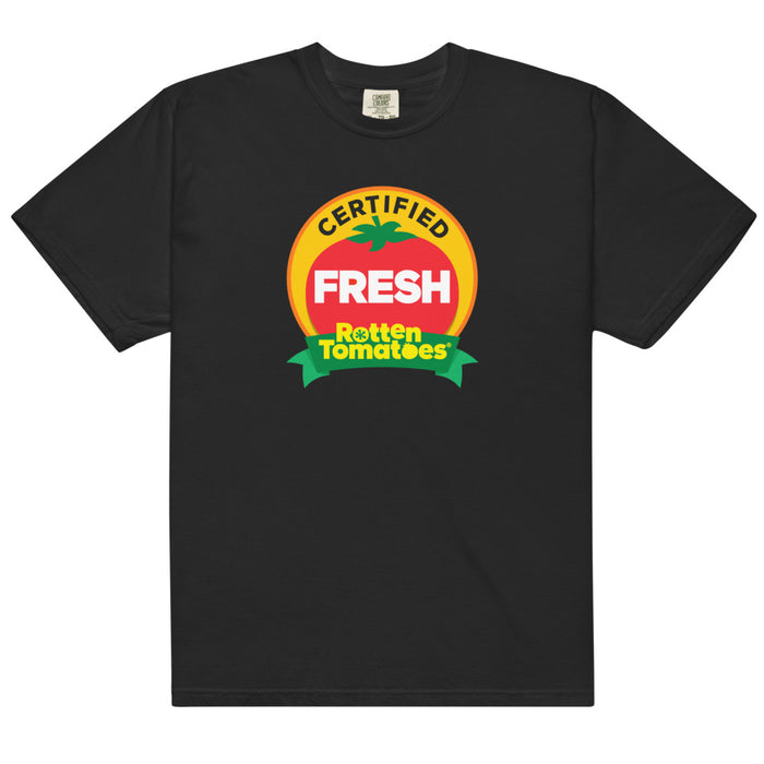 Black Rotten Tomatoes Certified Fresh Comfort Colors t-shirt shown from the front featuring the iconic seal centered on the chest