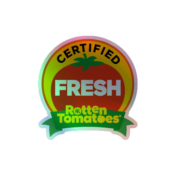 Rotten Tomatoes sticker applied to a laptop lid, viewed from an angle