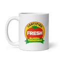 White ceramic coffee mug featuring the Rotten Tomatoes Certified Fresh logo centered on the front
