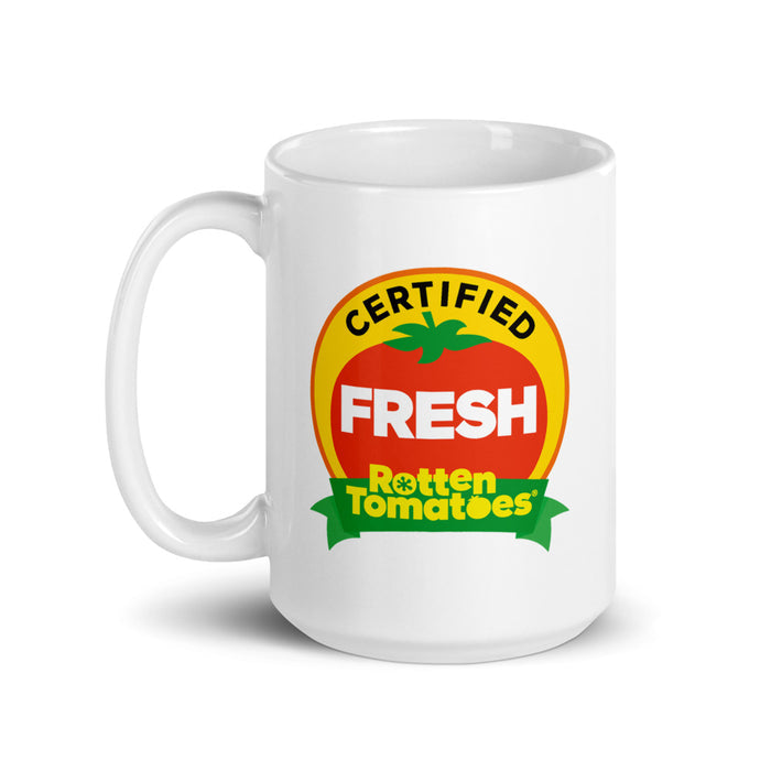Rotten Tomatoes ceramic mug displayed on a clean surface alongside morning coffee setup
