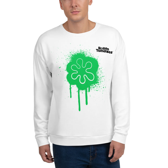 Close-up of the vibrant green splatter pattern and Rotten Tomatoes logo on the sweatshirt chest