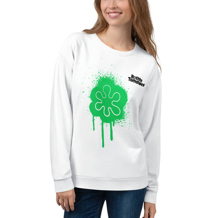Back view of the Rotten Tomatoes green splatter crewneck sweatshirt in a relaxed slim fit