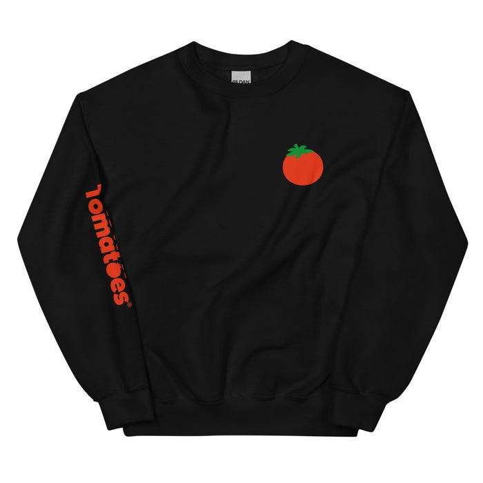 Black crewneck sweatshirt featuring the iconic Rotten Tomatoes logo centered on the chest