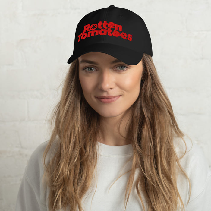 Close-up view of the embroidered Rotten Tomatoes logo detail on the front panel of the hat