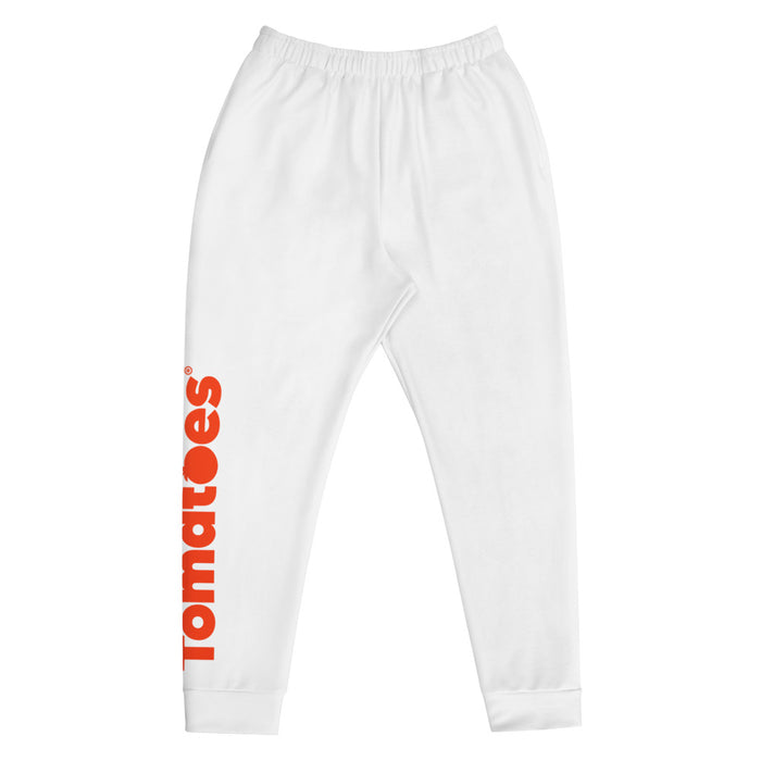 Rotten Tomatoes logo joggers shown from the front view, featuring the iconic tomato icon on the left leg