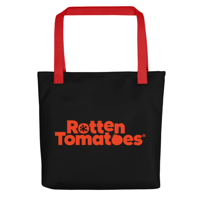 Rotten Tomatoes logo tote bag in white with red handles and the classic tomato graphic centered on the front
