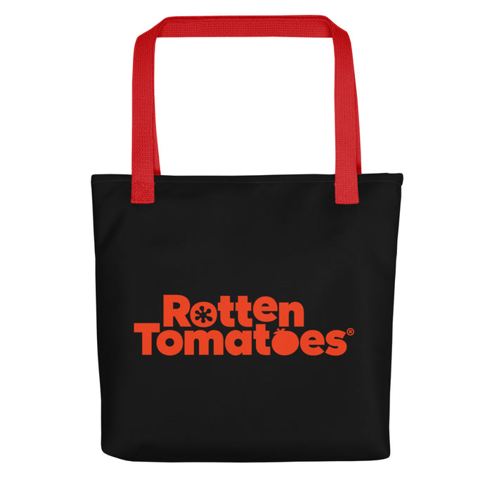 Close-up view of the Rotten Tomatoes logo printed sharply on the durable spun polyester fabric