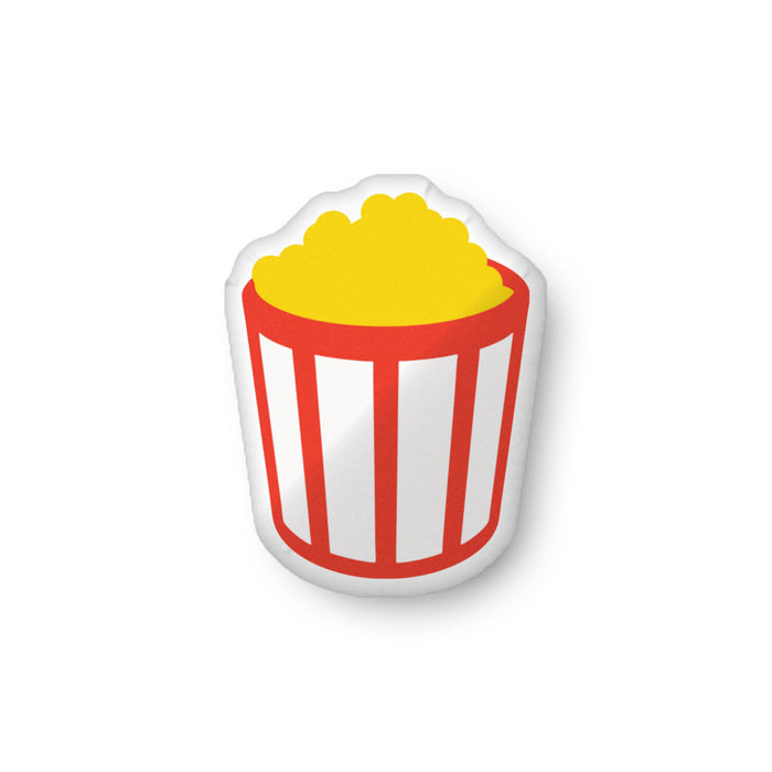 Plush Rotten Tomatoes popcorn shaped throw pillow featuring the iconic tomato logo on a soft red and white design