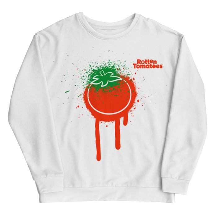 Rotten Tomatoes red splatter crewneck sweatshirt displayed flat, featuring the iconic tomato logo amidst a vibrant paint splatter graphic on the chest
