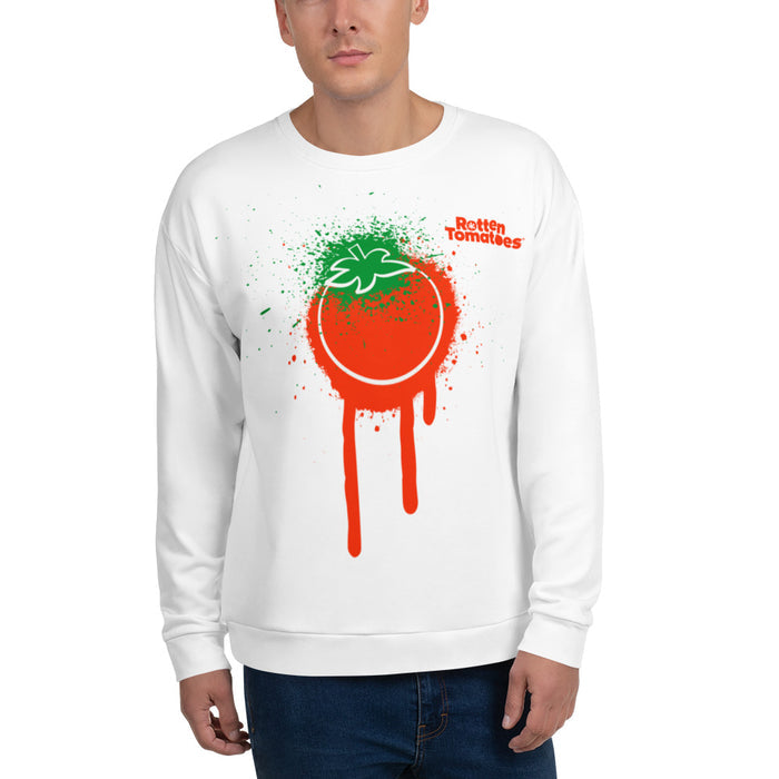 Close-up view of the Rotten Tomatoes logo and red paint splatter pattern printed on the soft fabric of the crewneck sweatshirt