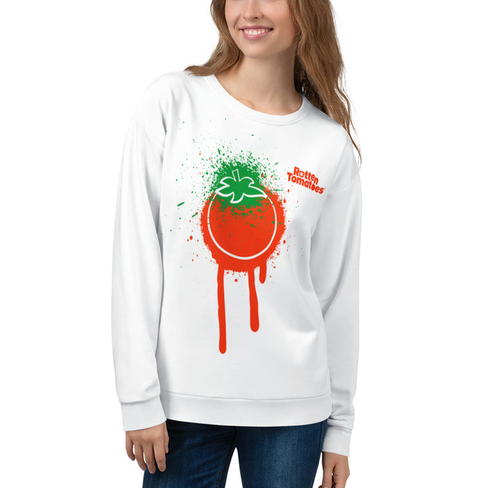 Back view of the Rotten Tomatoes red splatter crewneck sweatshirt showing the solid print and relaxed silhouette