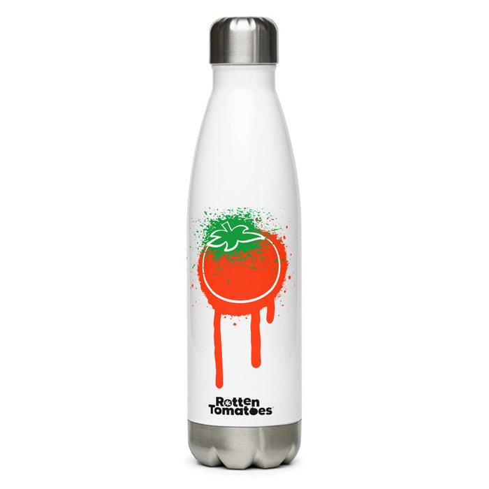 White stainless steel water bottle with the Rotten Tomatoes logo and a colorful splatter design on the front