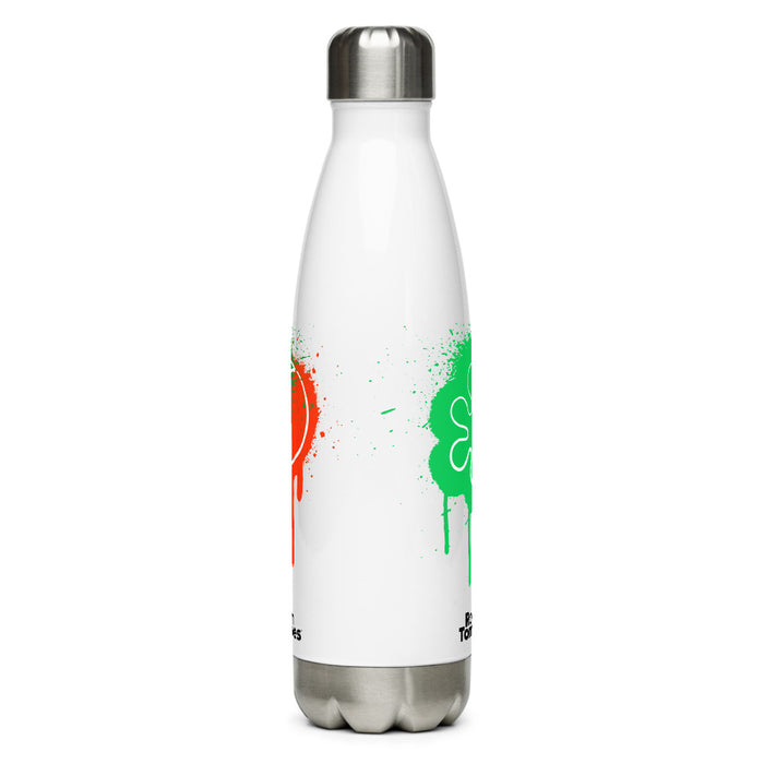 Close-up view of the vibrant paint splatter graphic on the white stainless steel water bottle