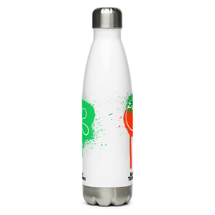 Lifestyle shot of the Rotten Tomatoes water bottle resting on a flat surface