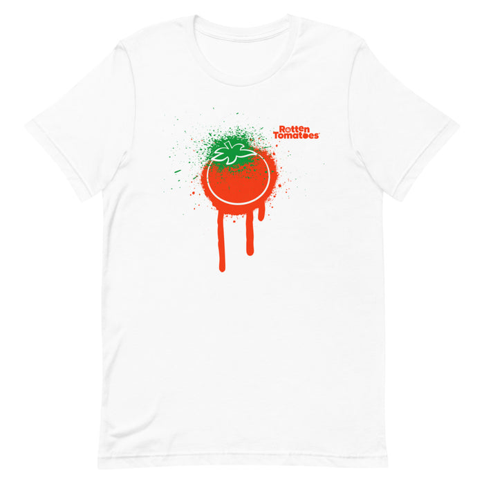 White crew-neck t-shirt featuring the Rotten Tomatoes logo with a colorful paint splatter design on the chest