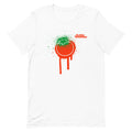 White crew-neck t-shirt featuring the Rotten Tomatoes logo with a colorful paint splatter design on the chest