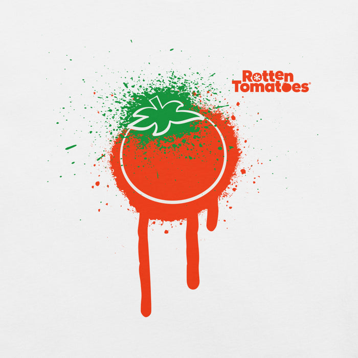 Close-up of the front chest graphic showing the red and green Rotten Tomatoes logo amidst vibrant paint splatters