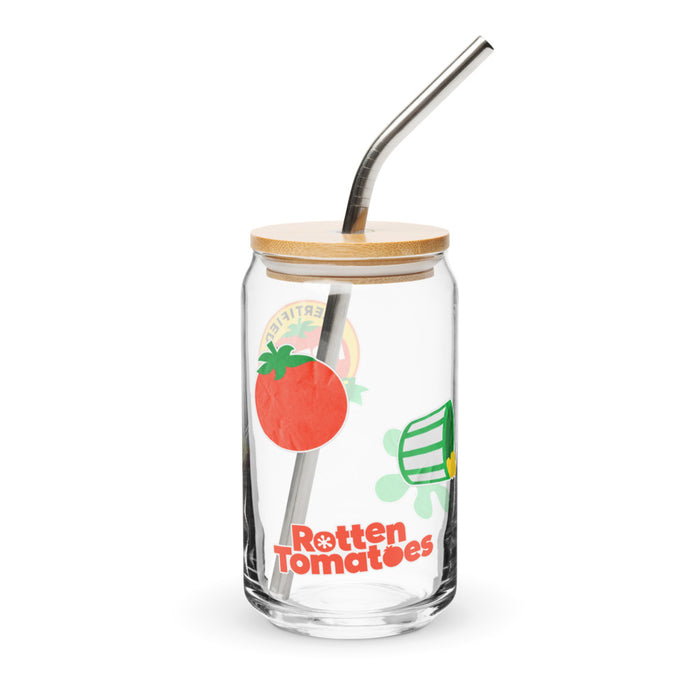 Rotten Tomatoes can shaped glass featuring colorful sticker icons wrap around the clear body, paired with a lid and straw