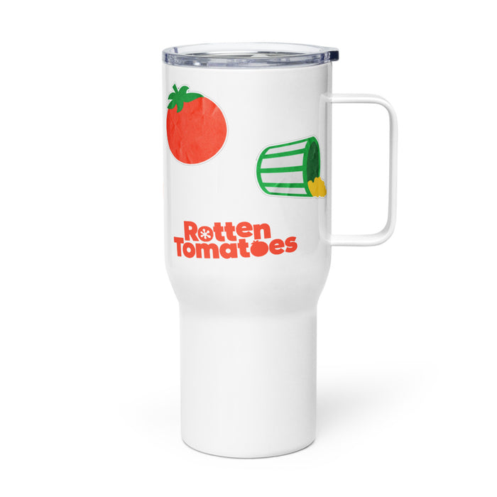 Stainless steel travel mug featuring an array of colorful Rotten Tomatoes sticker icons