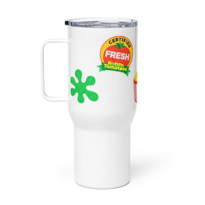 Close-up view of the Rotten Tomatoes sticker graphics wrapped around the insulated tumbler