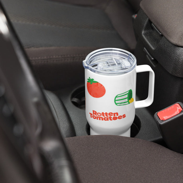 Side profile of the Rotten Tomatoes travel mug highlighting its stainless steel and BPA-free construction