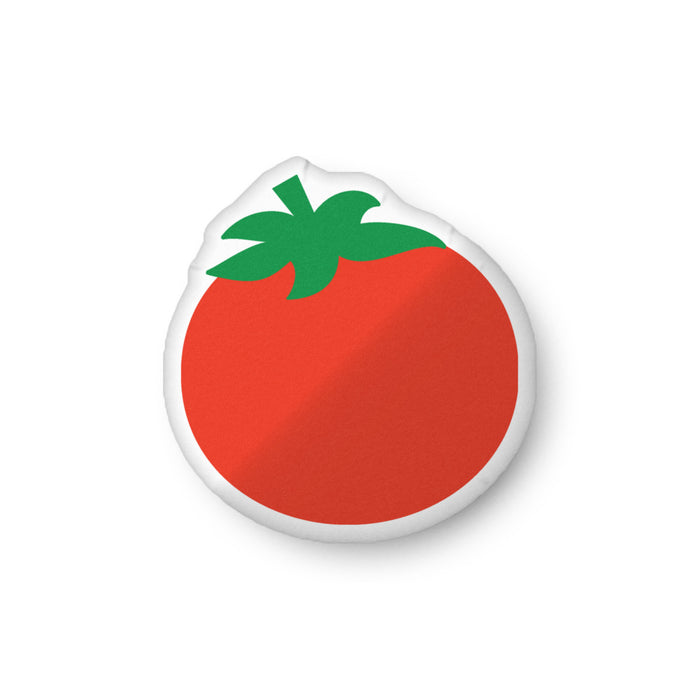 Plush Rotten Tomatoes tomato throw pillow featuring the iconic red design and green stem on the front