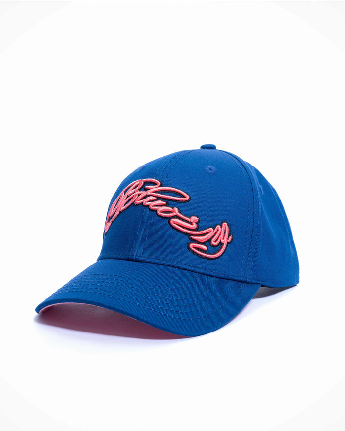 Blue cap with red text on a white background