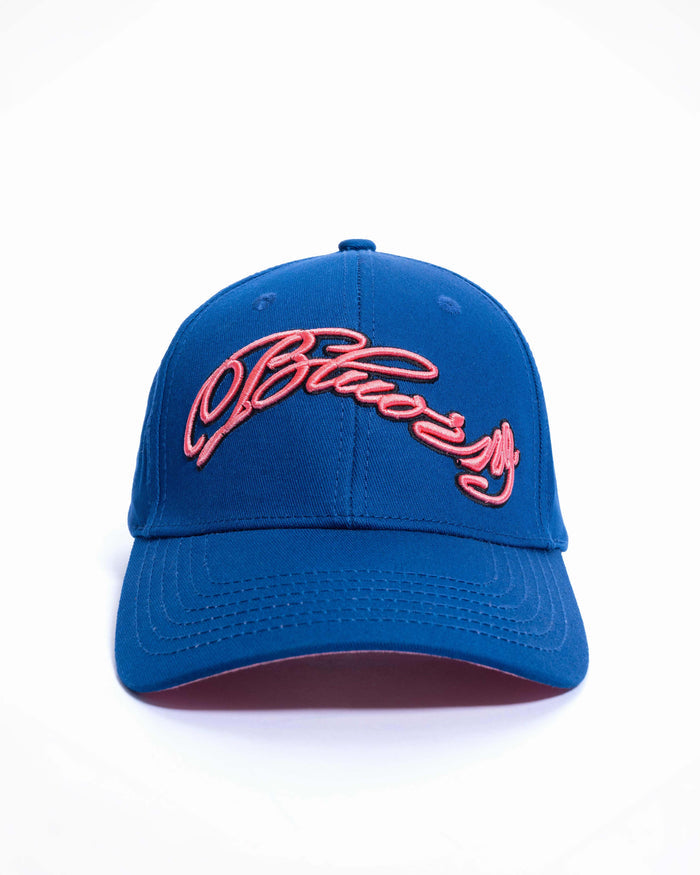Blue cap with pink logo on a white background