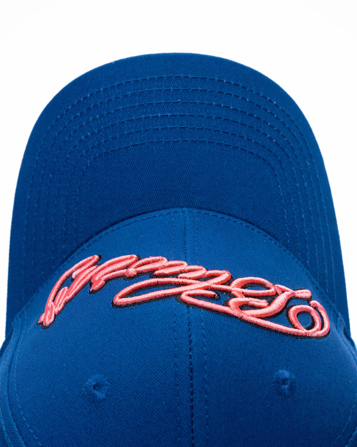 Blue cap with pink logo on a white background
