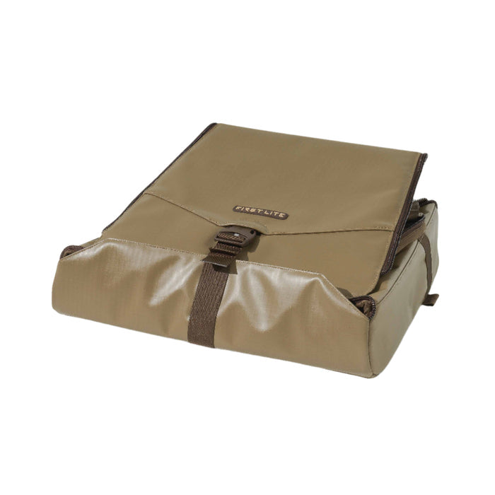 Walnut First Lite gear pouch with a flap closure, brown strap, and buckle.