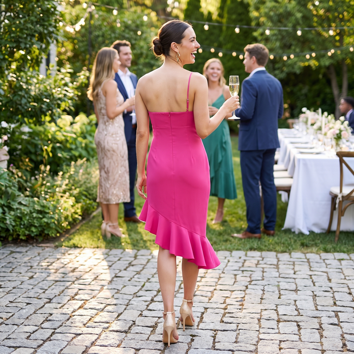 Rufflin Round Dress Fuchsia Ruffle Hem Midi