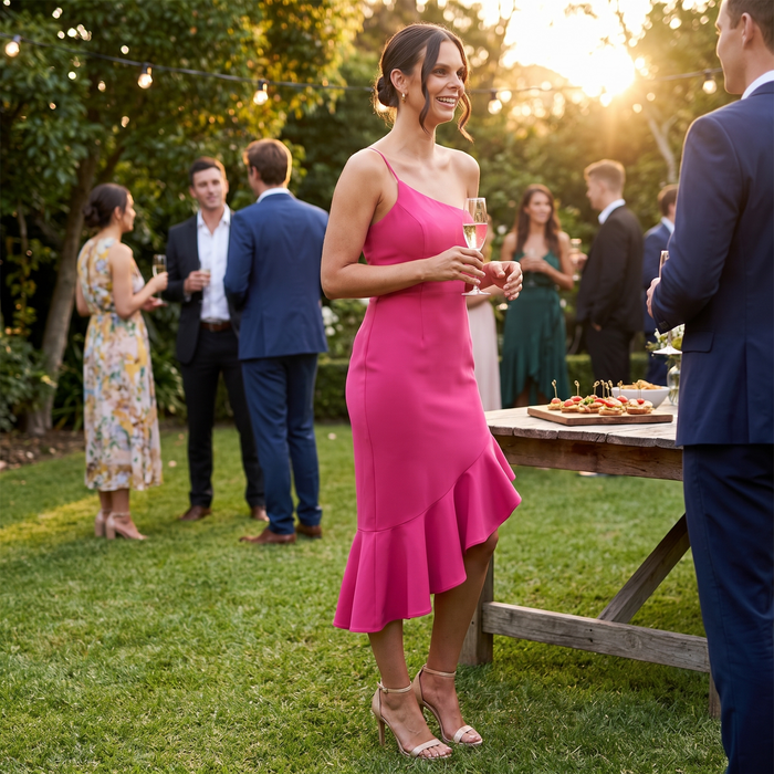 Rufflin Round Dress Fuchsia Ruffle Hem Midi