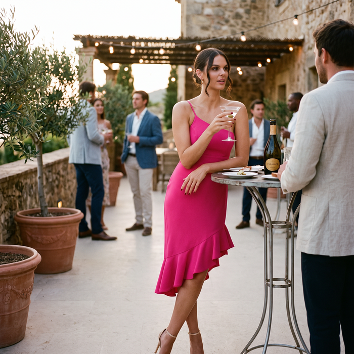 Rufflin Round Dress Fuchsia Ruffle Hem Midi