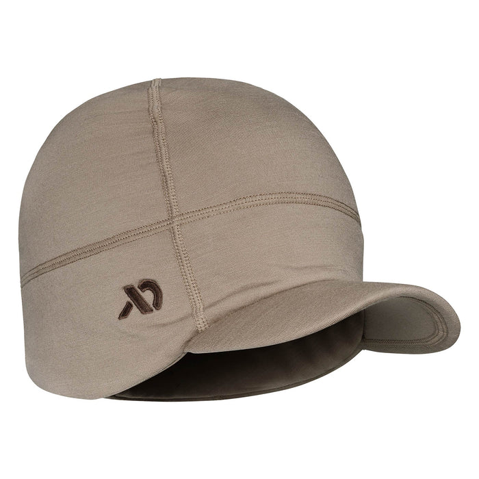 Tan cap with a short brim, visible panel stitching, and a brown embroidered logo on the left side.