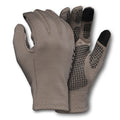 Pair of taupe gloves with black textured palm grip and touchscreen-compatible thumb and index fingertips.